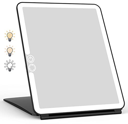 WEILY Schminkspiegel mit Beleuchtung, Kosmetikspiegel DREI Farben Einstellbarer Led Kosmetikspiegel, 2000 mAh USB Aufladbarer Beleuchteter Tischspiegel, Make up Spiegel für Reisen (Schwarz)