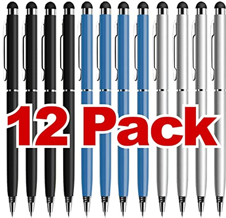 Lot de 12 stylets pour écrans tactiles 2 en 1 compatibles avec iPad, iPhone, Kindle, Fire, Samsung Galaxy, Android Stylus avec encre à bille bleue pour tous les écrans tactiles capacitifs (3 couleurs)