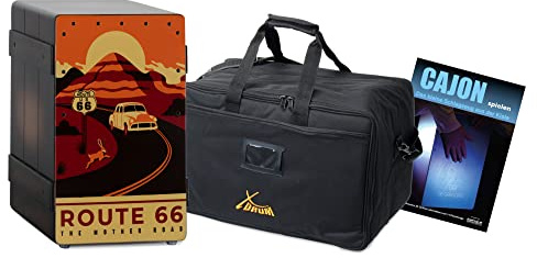 XDrum Design Series Cajon Route 66 Set inkl. Tasche + Schule, 5 cm | Designer-Cajon mit Vintage-Aufdruck, Integrierter Bass Port, Korpus: HPL (High Pressure Laminate), Schlagfläche: Route 66