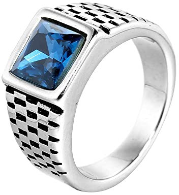 HIJONES Herren Edelstahl Blau Stein Ring Quadratisch Edelstein Pinky Finger Ringe mit Kristall Statement Schmuck Silber Größe 62