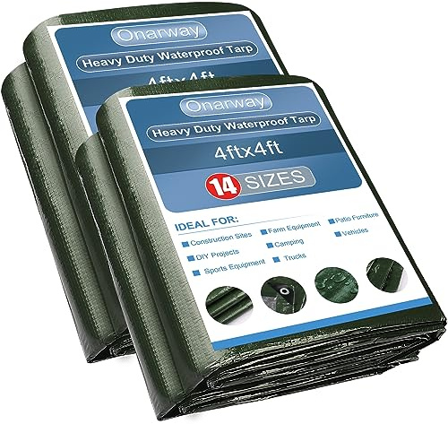 Onarway Poly Tarps Waterproof for Outdoor: Green Tarpaulin 6Mil Thicken 4x4 Ft 2Packs- Anti-UV Waterproof Tarp Cover with Grommets Multipurpose for Boat Pool Roof Camping
