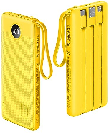 VRURC 10000mAh Power Bank With Built in Cables,USB C Battery Pack Portable Charger with 5 Outputs 2 Inputs Powerbank LED Display compatible with iPhone 14 13 12 Samsung S21 S20 Xiaomi iPad