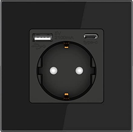 PULSAR Steckdose 1 Fach Glas Schwarz/USB-C, USB-A Anschlüsse/Steckdose Unterputz mit Kindersicherung Flache Wandsteckdose Einzelsteckdose 86x86mm