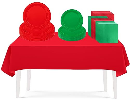73 piezas de vajilla de Navidad rojo y verde para niños, juego de vajilla desechable, manteles de mesa, platos de papel de 7.9 pulgadas, servilletas de papel para Navidad, cumpleaños, boda, fiesta