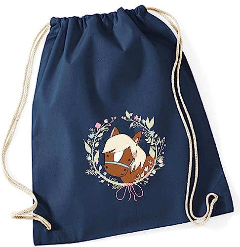 minimutz Turnbeutel Pferd für Mädchen | Stoffbeutel Baumwolle mit Blumenkranz | Sportbeutel zum Zuziehen mit Kordel 37cm x 46cm