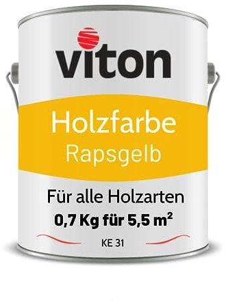 Viton Holzfarbe in Gelb - 0,7 Kg Holzlack Seidenmatt - Wetterschutzfarbe für Außen - 3in1 Grundierung & Deckfarbe - Profi-Holzschutzlack - KE31 - RAL 1021 Rapsgelb