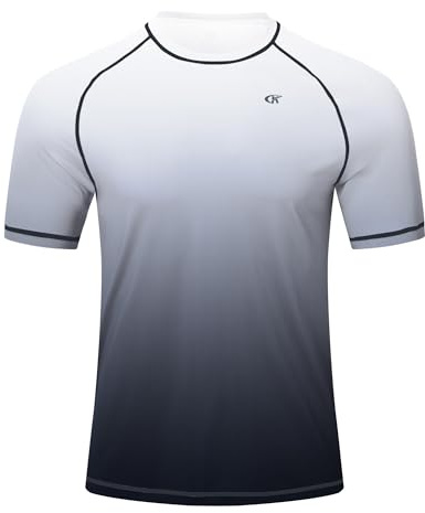 Huayuzh Men's Watersport Rash Guards Swimming Shirts UV Swim Top UPF 50+ Quick Dry Short Sleeve Surfing Running Sports Top White Gradient Gray 5XL