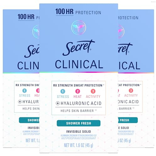 Secret Clinical Strength 100HR Sweat & Odor, Invisible Solid Antiperspirant Deodorant for Women, 3X Stress Protection with Hyaluronic Acid, Shower Fresh Scent, 1.6 oz (Pack of 3)
