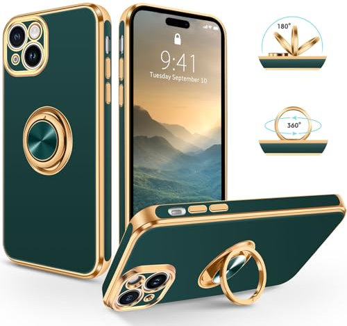 SouliGo iPhone 15 Hülle, iPhone 15 Handyhülle Slim weiche TPU Silikon Case Cover mit 360 Grad Ring Halter Ständer stabil Kratzfest Hülle für iPhone 15 Grün Gold