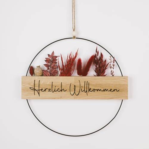 Türkranz mit Trockenblumen I Dekokranz ganzjährig I Willkommenskranz mit Herzlich Willkommen graviert I Türdekoration außen & innen I personalisierbar (Trockenblumen Bordeaux, Metallring 30cm)