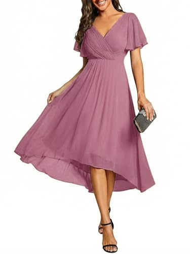Ever-Pretty Women's Formal Wedding Guest Dress V-Neck Ruffle Sleeve Chiffon Gown with Flowy High-Low Hem in Bridesmaid Prom 01923
