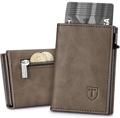 Tomylv Portafoglio Uomo, RFID Magnetico Chiusura Portafoglio Uomo Slim, Porta Carte di Credito - ID Window, Tasca portamonete con cerniera, Scomparto per Banconota e Confezione Regalo - Marrone