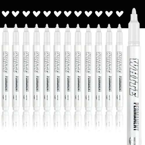 newatty 12 Weiße Acrylmarker 1mm, Permanentmarker für Textilien Wasserdicht Acrylstifte Acrylfarben Marker Stifte Hohe Deckkraft für Stein Glas Metall Reifen Holz Papier Textilien