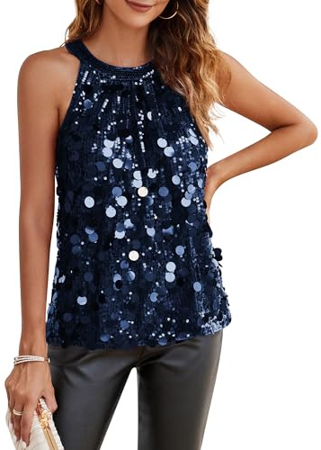 GRACE KARIN Damen Pailletten Oberteil Neckholder Bluse Tops Party | Ärmellos,Neckholder,Funkelnde Pailletten,Gefüttert,Party,Club