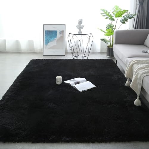 XUEDNGM Schlafzimmer Bettvorleger Teppich 180 x 250 cm Anti-Rutsch, Flauschig, Weich, Waschbar, Langflor Moderner Hochflor Teppich Wohnzimmer für Wohnzimmer, Schlafzimmer, Schwarz