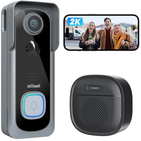 ieGeek Doorbell Camera Wireless No Subscription, 2K HD Ultra-Wide View, PIR Motion Detection 2-Way Talk, Wireless Video Doorbell with Chime, Support Local & Cloud Storage, Only 2.4GHz WiFi, Grey