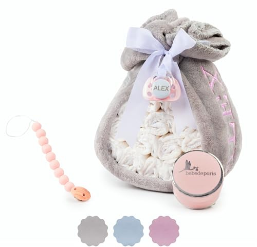 Cadeau de Naissance | Gâteau de Couches accompagné d'une Couverture Grise Personnalisée (Rosa, Set avec Attache-tétine)
