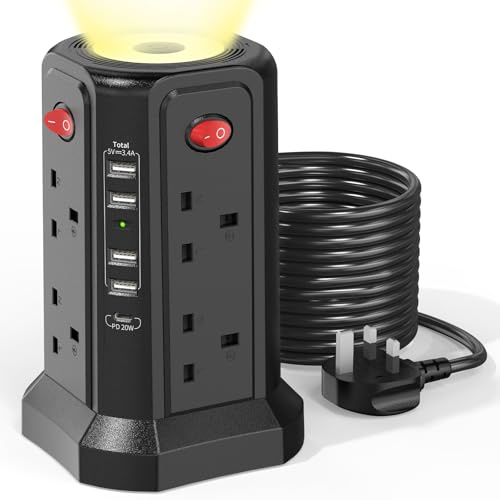 Tower Extension Lead with USB Slots 5M, 20W Fast Charger with Night Light | (13A 3250W) 5 USB Ports and 8 Way Extension Tower, Surge Protected Extension Lead Extension Cable for Home