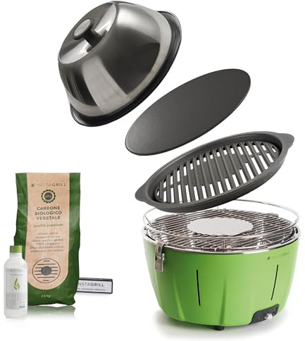 Classe Italy | Barbecue à charbon fonte cuiseur four plaque balcon portable. Batterie rechargeable, charbon gel allumage. Master Griller vert