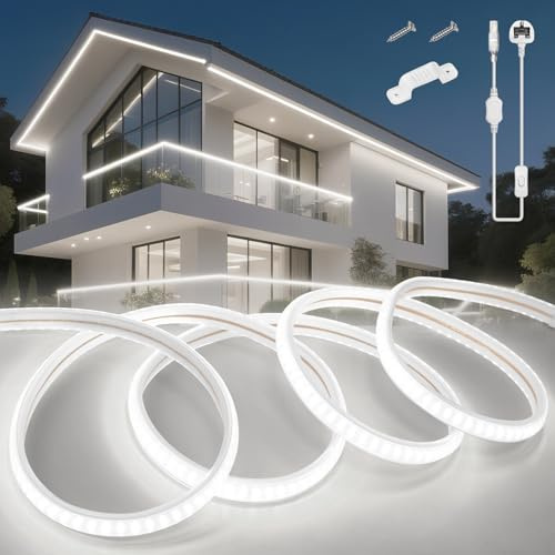 KSIBNW LED Strip Light 5M Waterproof Outdoor Garden, 220V 240V Neon Outside LED Light Strips Cuttable Rope Lights Flexible Neon Rope for Kitchen Cupboard Decking Outdoor Indoor Decor, Cool White