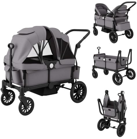 COSTWAY 2 in 1 Geschwisterwagen klappbar, Zwillingskinderwagen mit verstellbarem Griff & abnehmbarem Verdeck, Zwillingsbuggy mit Becherhalter, Tablett, Bollerwagen für 2 Baby ab 6 Monaten (Grau)