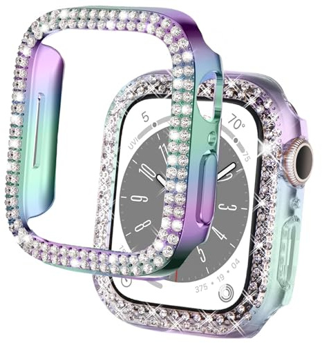 DEALELE [2-pack] klockfodral kompatibelt med Apple Watch Series 10 42 mm, glitter strass diamant skyddande fodral klockskydd ersättning fodral för kvinnor män (42 mm, regnbåge + ljus regnbåge)