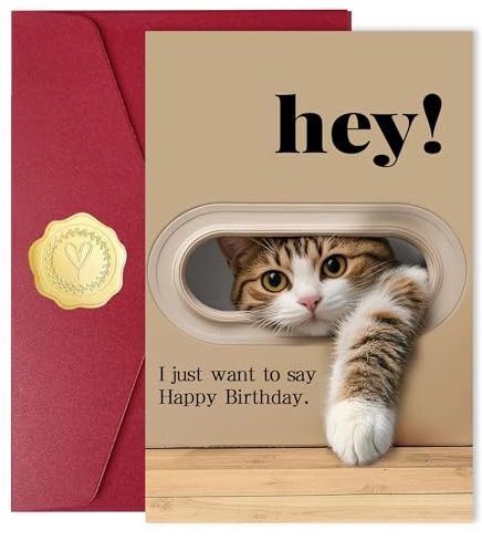 Lustige Geburtstagskarte Katze für Mann/Frau, Geschenk für Katzenliebhaber | Happy Birthday Glückwunschkarte mit Katzenmotiv, innen blanko; inkl. Umschlag & Siegelaufkleber für Freunde & Familie