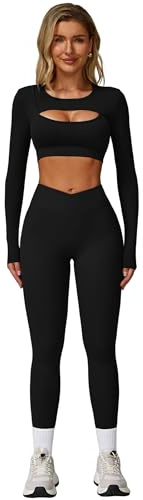 2 Piece Workout Sets for Women Seamless High Waist Leggings Yoga Long Sleeve Cutout Crop Tops Athletic Gym Sets