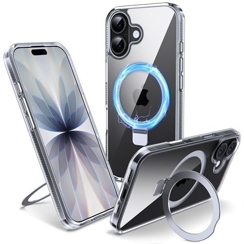 Flyzoo Magnetic Kickstand Case for iPhone 17, [Compatible with MagSafe & Invisible Ring Stand Holder] [Non-Yellowing & Shockproof] Clear Transparent Hard Silicone Edge Cover, 6.3'', Clear