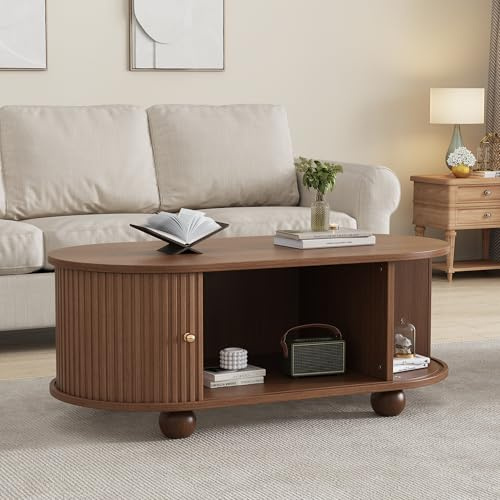 Merax Table basse ovale moderne avec portes coulissantes, table de salon avec beaucoup d'espace de rangement, table d'appoint multifonctionnelle, peu encombrante, style maison de campagne, meuble de