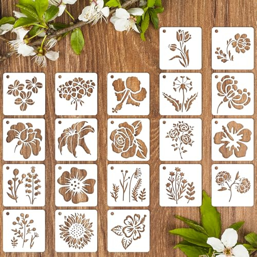 20 Stück Blumen Schablonen zum Malen, 7.6 * 7.6 cm Wiederverwendbare Blumen Schablonen Vorlagen mit Blatt und Ranken-Designs für DIY Bastelarbeiten, Wände, Leinwand