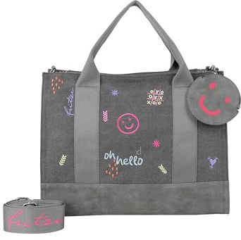 Fritzi Tote Bag Limited Embro Fun Anthra Shopper Canvas Damen Handtasche Stickerei Festival City Pocket Webbing-Gurt 29,5 x 40 x 14 cm, Anthrazit