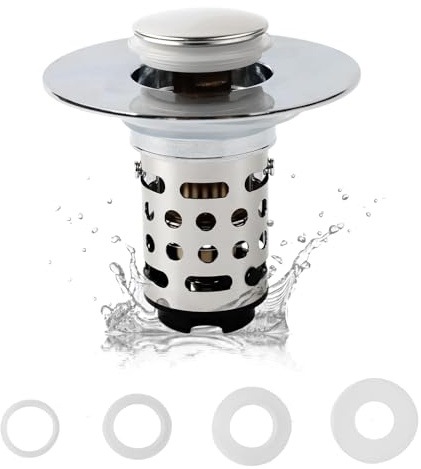 Universal Pop-Up Sink Stopper with Brass Bounce Core & Removable Filter Basket - Fits 28-46mm Drain Holes, No Overflow Design, Push-Type Drain Plug for Bathroom Basin
