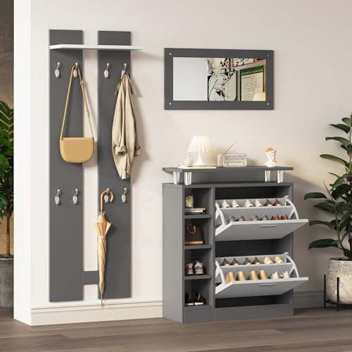 ZKLOEP Set di appendiabiti da parete, 80 x 25 x 96,5 cm, incl. specchio, 2 pannelli da parete, una parete scaffale e un armadio per scarpe, corpo grigio antracite opaco, mobili da corridoio