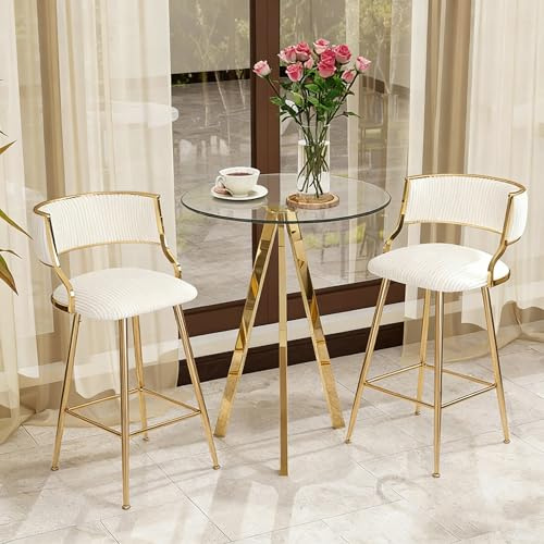SIZOTA 3-Piece Bar Table and Chair Set, 31.5 Round Pub Table and Corduroy Barstools with gold chromed Legs, Modern Counter Height Table Set with 2 Bar Stool for Small Space, Apartment, Bistro (Beige)
