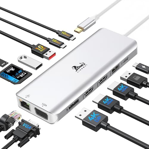 LIONWEI USB C Docking Station 3 Monitore 13 in 1 Dockingstation Laptop | USB-C Hub 4 Monitore mit 2x HDMI 4K, DP 8K, VGA, 3x USB 3.1 10Gbps, 100W PD, Ethernet, SD/microSD für Dell, HP,Silber