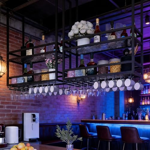 SPTZQURY Industrielle Deckenregal Weinregal mit Glashalter, Hängend Metall Weinflaschenhalter, 2 Lagiger Hängeregal Industrieller Stil Lagerregal für Bars, Restaurants, Küchen Cafe (Black, 100cm)