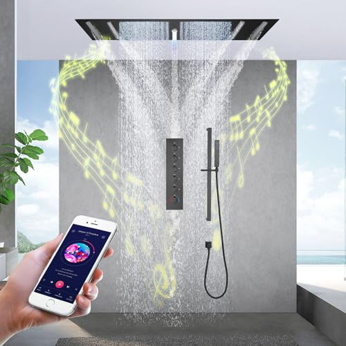 SWHC Musik Duschsystem mit Thermostat Unterputz, 64 Farben LED Duscharmatur Komplettse Unterputz Schwarz, Deckenmontage Regendusche Duschset Messing mit 900x300mm 5 Modi Duschkopf und Handbrause