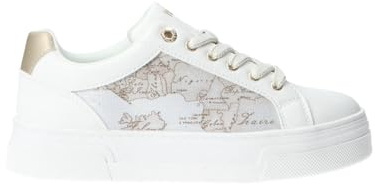 Alviero Martini Prima Classe Sneaker Donna in Pelle Bianca, Stampa Cartina Geografica, Suola in Gomma, Chiusura Stringata, Stile Casual (39)