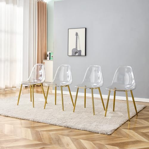 SmartEdge 4er Set Transparente Schalenstühle, Moderne Esszimmerstühle mit Metallbeinen, Kunststoff Küchenstühle, Pflegeleicht, Stabil bis 120 kg, Design Stühle für Wohnzimmer und Essbereich, Gold