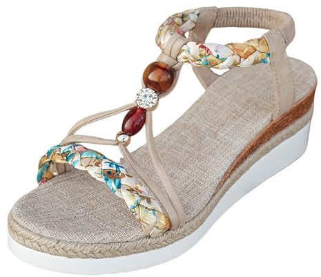 Générique Sandales compensées strass pour femmes chaussures plage décontractées avec brides élastiques semelle antidérapante marche extérieure parfaites été printemps fêtes école (Beige, 36)