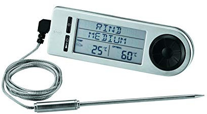 RÖSLE Barbecue-Kerntemperaturmesser,Hochwertiges Thermometer zur Bestimmung der idealen Fleischkerntemperatur auf dem Grill oder im Backofen mit Magnethalterung, silber/schwarz, 18 x 4.8 x 2 cm