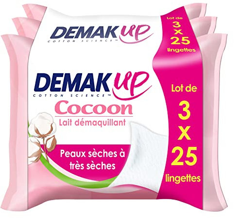 Demak'Up Cocoon Lingettes à démaquiller - Visage et Yeux - Peaux Sèches à Très Sèches - 3x25 Lingettes démaquillantes