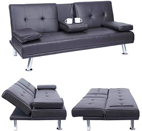 Mendler 3er-Sofa HWC-F60, Couch Schlafsofa Gästebett, Tassenhalter verstellbar 97x166cm - Kunstleder, braun