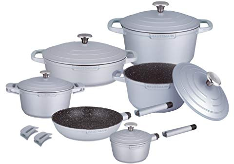 Haussmann Héritage Batterie de Cuisine 15pièces,Revêtement antiadhésif façon Pierre- sans PFOA- poignée Amovible－Tous Feux Dont Induction adapté au Four (Gris, 15pièces)