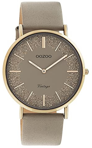 Oozoo Flache Vintage Damenuhr mit Lederband und glänzenden Elementen im Ziffernblatt 40 mm