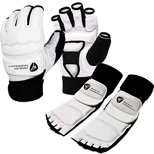 Taekwondo Sparring Set Gloves Hand Foot Protector for Men Women, Taekwondo Sparring Gear Adult for Martial Arts Punch Bag Kickboxing Foot Guards Training Boxing (White, XS)
