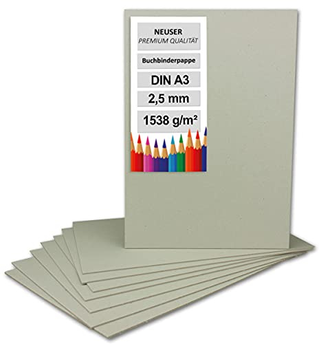 NEUSER PAPIER 5X Buchbinderpappe DIN A3 (29,7 x 42 cm) - Stärke 2,5 mm (0,25 cm) - Grammatur: 1538 g/m² - Graupappe zum Basteln, Modellbau, Buchbinden