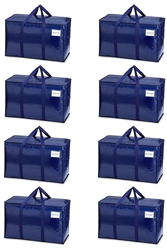 VENO 102 Liter Große Aufbewahrungstasche, Aufbewahrungsbox mit Deckel, Starke Griffe Umzugstaschen mit Reißverschlüssen, Alternative Umzugskartons, Faltbare Kleideraufbewahrung (Blau, 8er Pack)