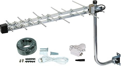 SLx 18 Elements Loft & Outdoor TV Aerial Kit Ultra Compact Amplified MegaBooster Log Periodic Antenna Kit Digital TV 4K HD Compatible